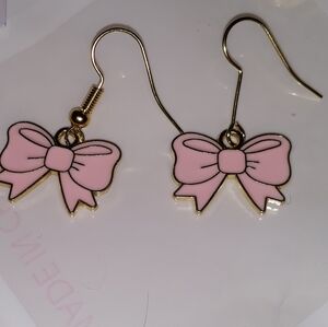 NEW Elegant Bow Dangle Earrings Gold Pl Pink Enamel ss Minimalist  Jewelry NWT